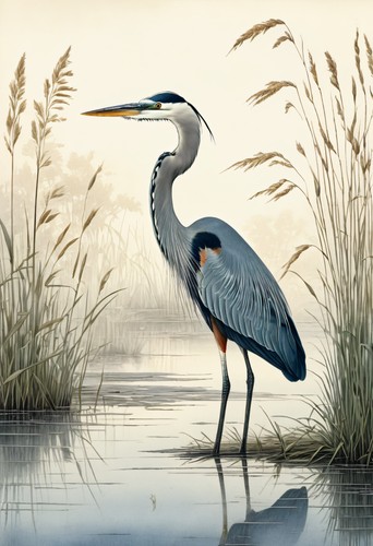 Great blue heron marsh mist - blue,